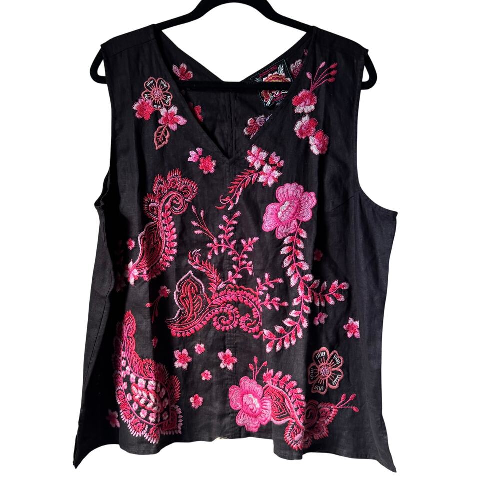 Johnny Was Black Tank Top with Pink Floral Embroidery
